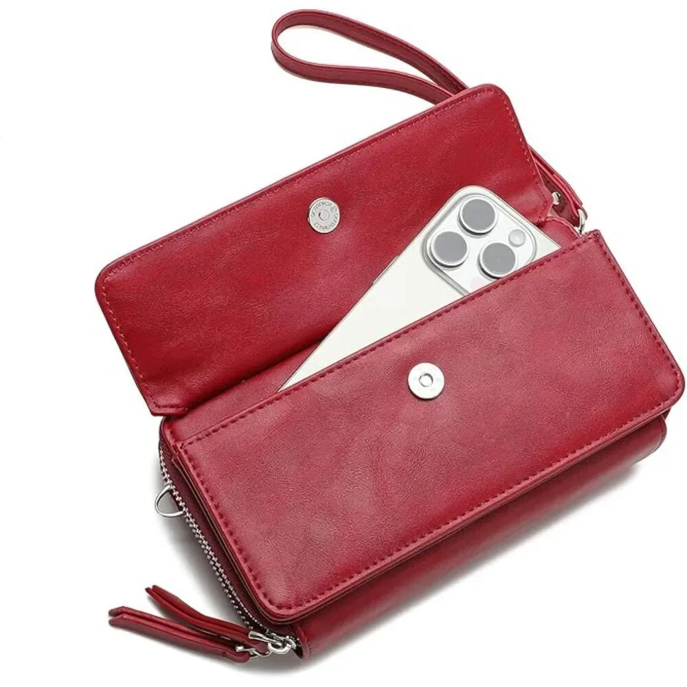 Women Wine Imported Faux Leather Crossbody Wallet With Phone Pocket Purse Bag - Picture 3 of 4